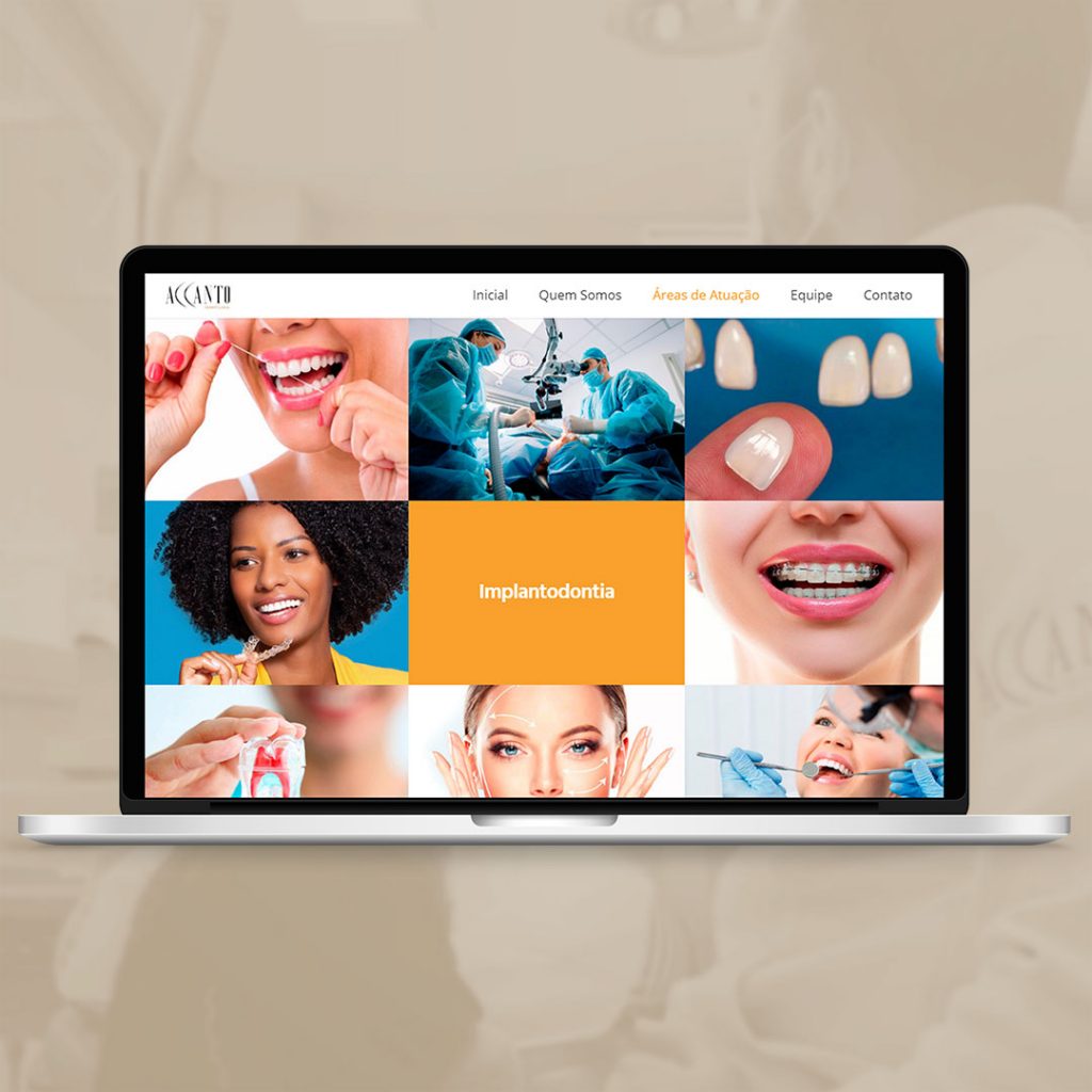 Desenvolvimento completo do site institucional, mostrando o consultório, áreas de atuação e avaliações dos clientes da Accanto Odontologia