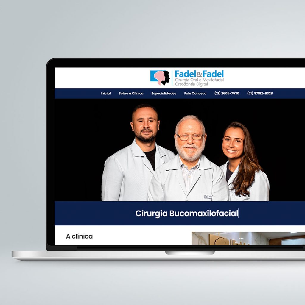 Criação e design de logotipo, com definição da identidade visual. Desenvolvimento completo do site institucional da Clínica Fadel & Fadel.