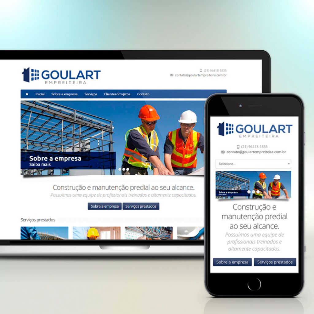 Criação e design de logotipo e identidade visual, impressão de material publicitário e desenvolvimento de site institucional da Goulart Empreiteira