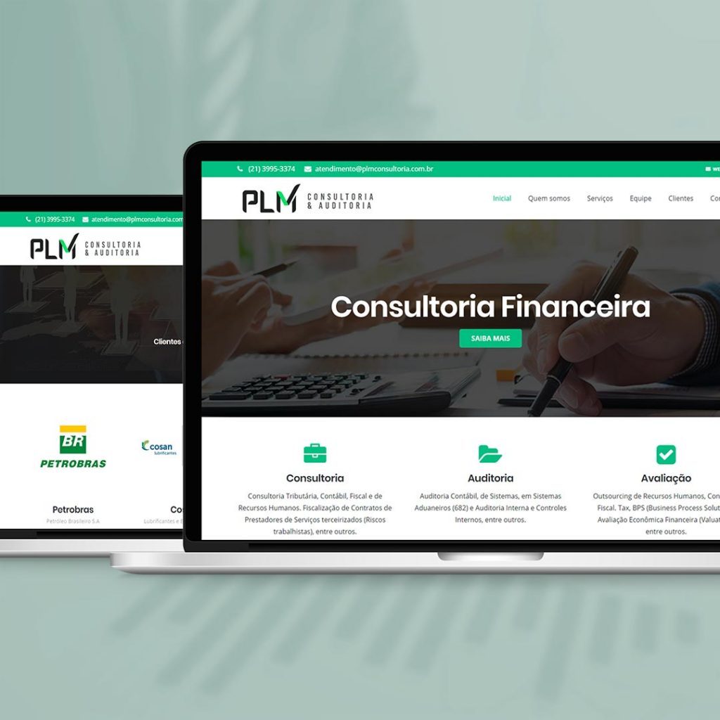 Desenvolvimento completo de site institucional, criação e design de portfólio digital, assinaturas de e-mail da PLM Consultoria & Auditoria.