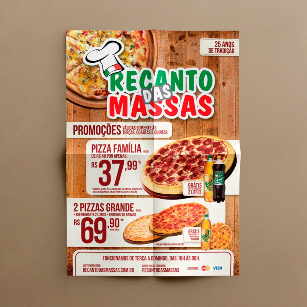 Criação, design e impressão de panfletos, cardápios, adesivos de mídias e criativos para as mídias sociais do Recanto das Massas